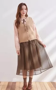 日系甜美-針織背心雪紡上衣網布蛋糕裙三件組