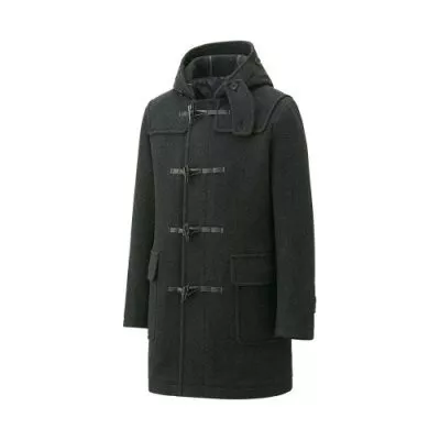 深灰色牛角釦保暖羊毛防寒連帽大衣外套